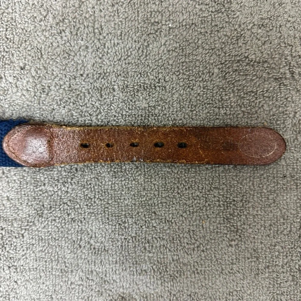 Vintage Sailboat Embroidered Canvas Leather Belt Solid Brass Buckle Brown Navy